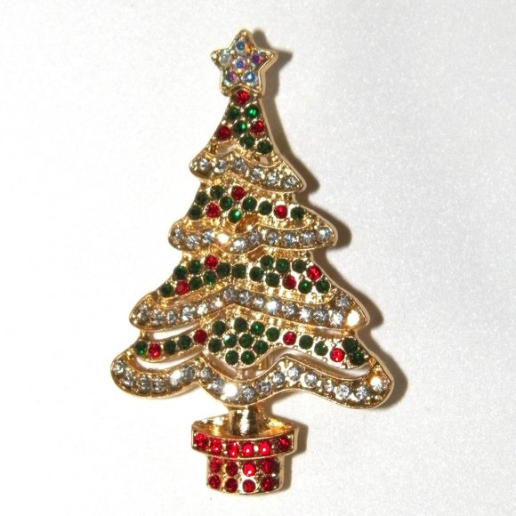 Gold 2" Christmas Tree Rhinestone Brooch - Picture 4 of 5